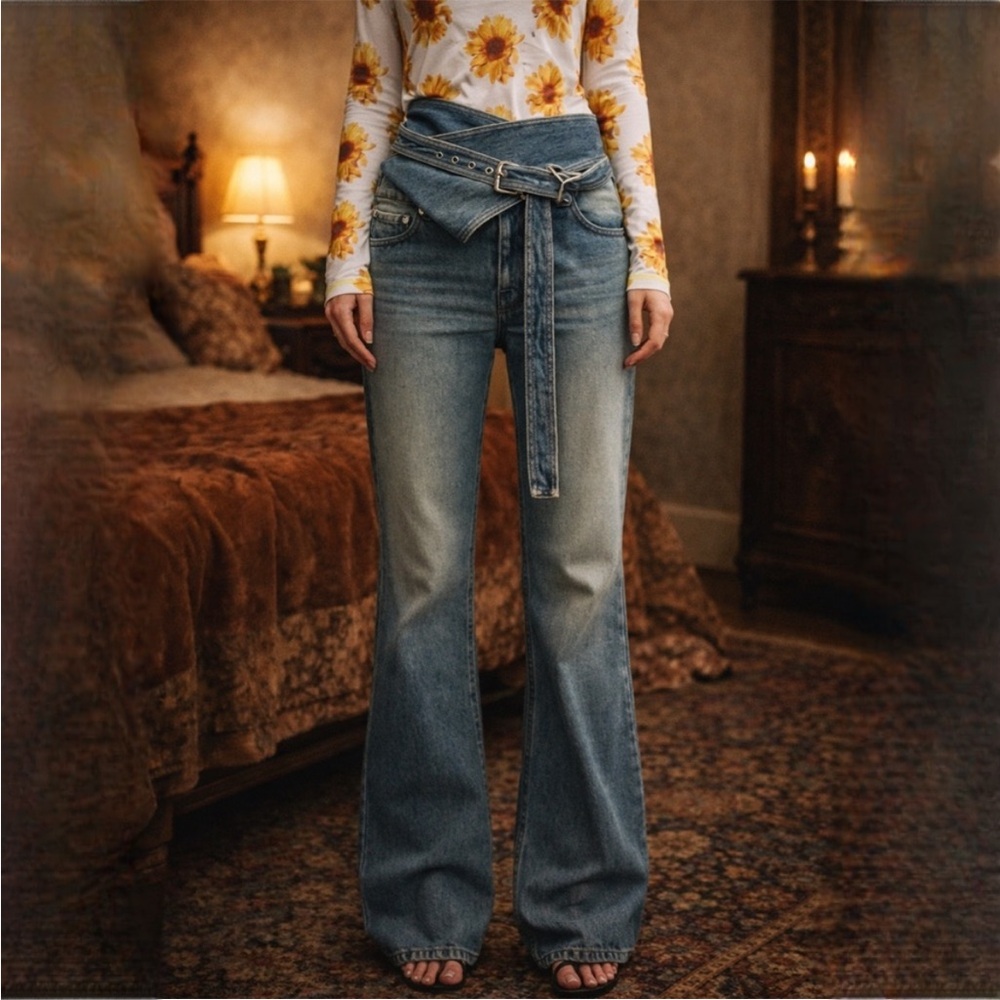 Y/Project Blue Denim High Rise  Wrap Belt Bell Jeans Sz 27